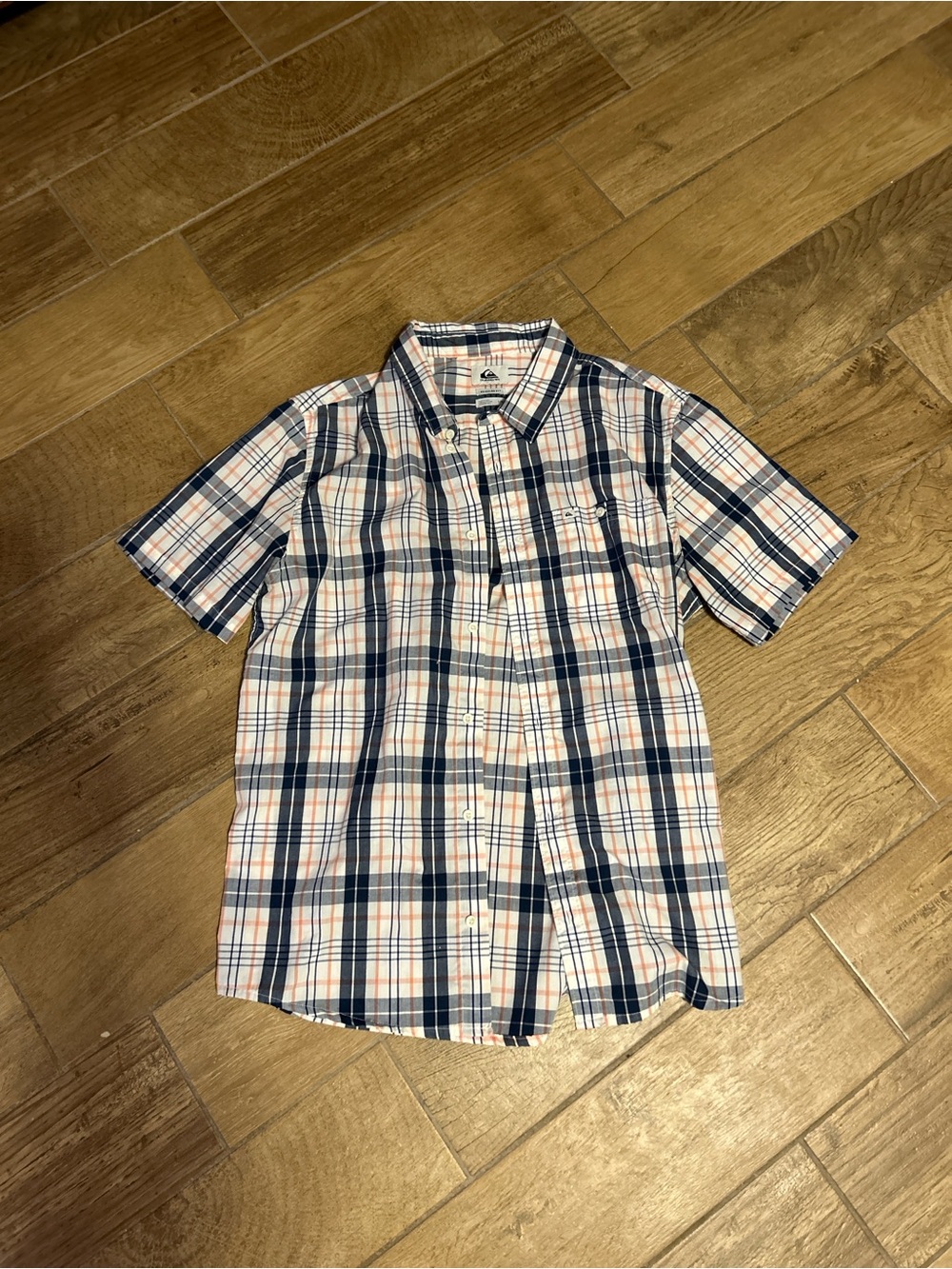 Quiksilver Men’s Navy & White & Orange Plaid Button-Down Shirt